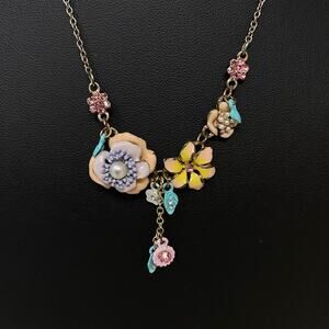 Vtge PLUNDER Floral Enamel Crystal Bib Necklace Pink Yellow Blue Purple 17 1/2"